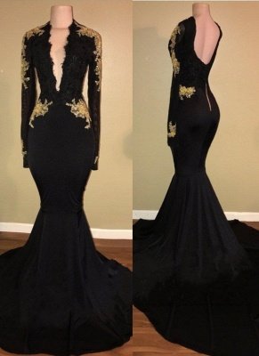 Robes de bal sexy noires et dorées | Robes de soirée à manches longues et col en V profond_1