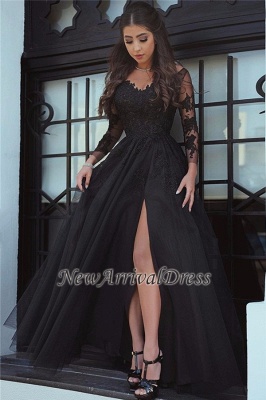 Glamorous Slit Lace Long-Sleeve Black Evening Dress_1