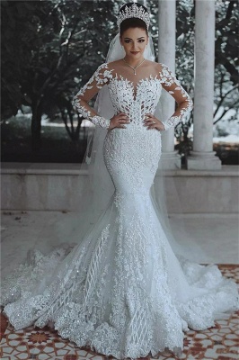 Luxury Beaded Mermaid Wedding Dresses with Sleeves | Illusion Tulle Lace Appliques Bridal Dresses_1