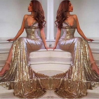 V-Neck SequinsProm Dress | Mermaid Evening Dress With Slit_3