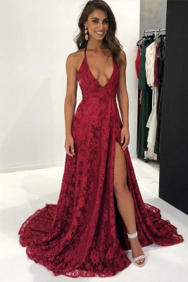Modest Lace Red Spaghetti Strap Prom Dress | Front Split Formal Dress BA9243_1