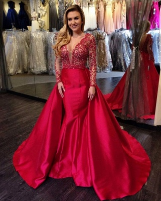 Overskirt Long-Sleeves Red Luxury Open-Back Beading Mermaid V-Neck Evening Gowns_3