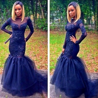 Prom Dresses Round Neck Sheer Long Sleeves Lace Applique Beading Mermaid Navy Blue Court Train Sexy Evening Gowns_3