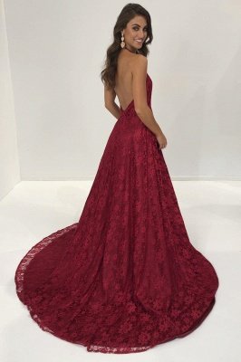 Modest Lace Red Spaghetti Strap Prom Dress | Front Split Formal Dress BA9243_3