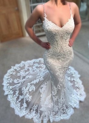 Sexy Lace Appliques Wedding Dresses Online | Spaghettis Straps  Mermaid Bridal Gowns_1