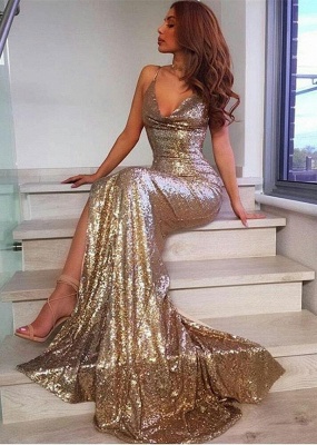 V-Neck SequinsProm Dress | Mermaid Evening Dress With Slit_1
