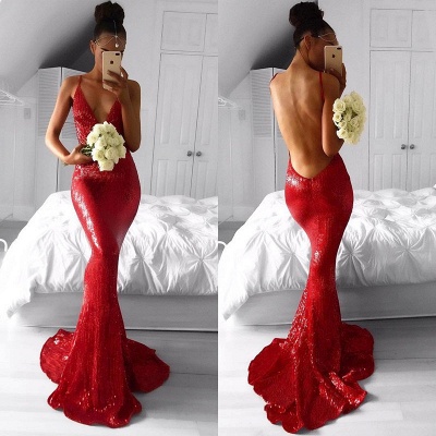 Sexy Red Sequins Prom DressBackless Mermaid Long Party Gowns BA7966_3