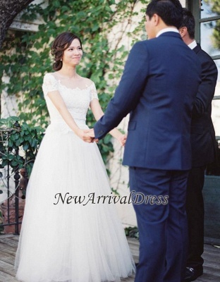 Short Sleeve Floor Length New Arrival Lace Appliques Vintage Tulle Princess Wedding Dresses_1