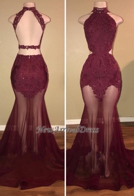 Mermaid Lace Appliques Sheer-Tulle Burgundy High Neck Long Prom Dresses  BA7713_1