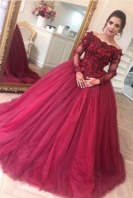 Modernes schulterfreies Langarm-Bordeaux-Ballkleid-Abendkleid | Abendkleid in Übergröße_1