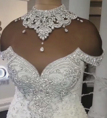 Robes de mariée sirène cristaux de luxe | Robes de mariée sexy en dentelle à l'épaule_4