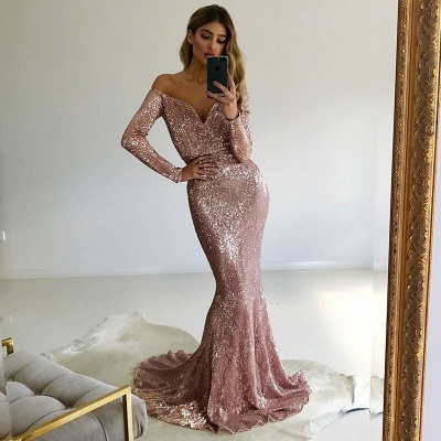 Gorgeous Long-Sleeve V-Neck Prom Dress |Mermaid Sequins Evening Gowns_3
