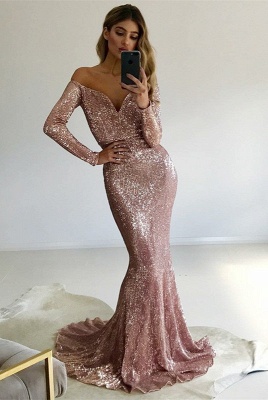 Gorgeous Long-Sleeve V-Neck Prom Dress |Mermaid Sequins Evening Gowns_1