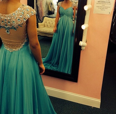 Turquoise Crystals Chiffon Prom Dresses A-line Ruched Sheer Back Evening Gowns_2