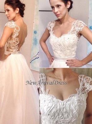 Floor Length A-line Sexy Open Back Straps Wedding Dresses with Pearls_1
