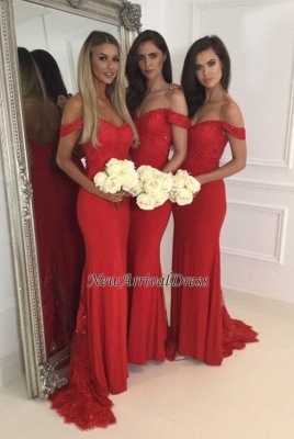 Modern Off-the-shoulder Red Lace Sequined Mermaid Bridesmaid Dress BA6081_1