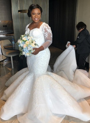 Sexy  Mermaid Cheap Lace Wedding Dresses | Chapel Train Long Sleeve Lace Appliques Bridal Gowms_1