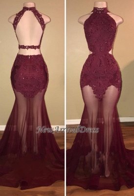 Mermaid Lace Appliques Sheer-Tulle Burgundy High Neck Long Prom Dresses Cheap BA7713_1