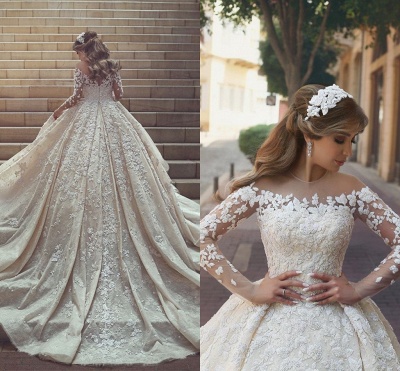 See Through Tulle Appliques Ivory Wedding Dresses | Long Sleeve Bridal Gowns with Cathedral Train_5