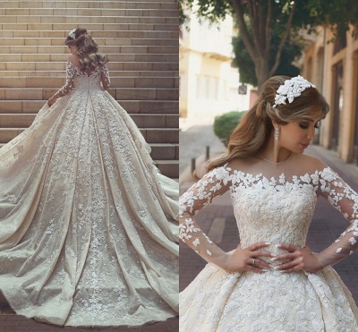 Ver a través de apliques de tul Marfil vestidos de novia | Vestidos de novia de manga larga con cola de catedral_5