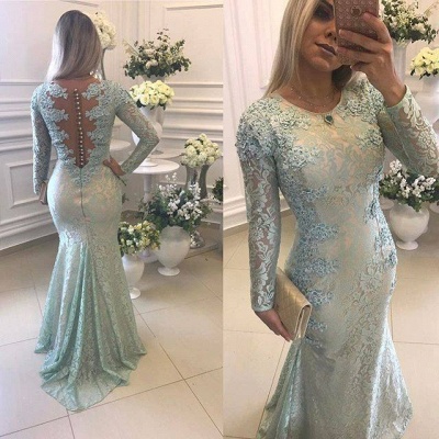 Crew Sweep-train Long Sleeves Lace Beads Appliques Mermaid Prom Dresses_4