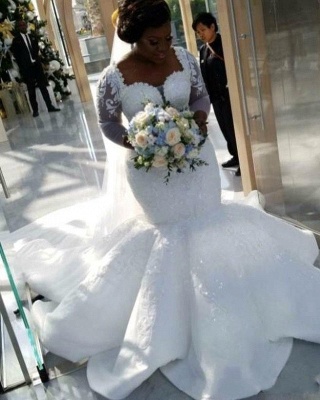 Sexy  Mermaid Cheap Lace Wedding Dresses | Chapel Train Long Sleeve Lace Appliques Bridal Gowms_4