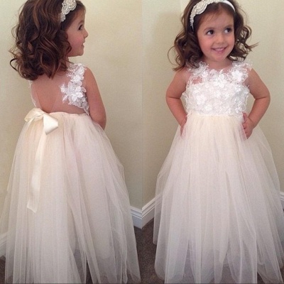 Bowknot Cute A-line Floral-Appliques Floor-Length Flower-Girl-Dresses_3