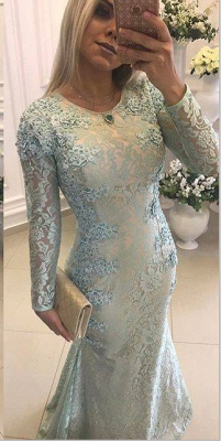 Crew Sweep-train Long Sleeves Lace Beads Appliques Mermaid Prom Dresses_3