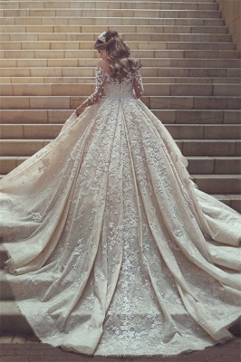 See Through Tulle Appliques Ivory Wedding Dresses | Long Sleeve Bridal Gowns with Cathedral Train_2