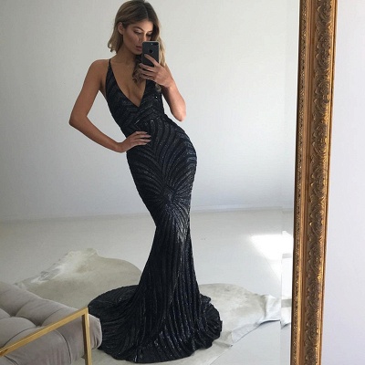 Sexy schwarzes Abendkleid mit V-Ausschnitt | Meerjungfrau Abendkleider BA8974_3