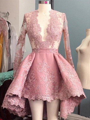 Pink Appliques Elegant Evening  Gowns | Long Sleeve Hi-Lo V-Neck Prom Dresses_2
