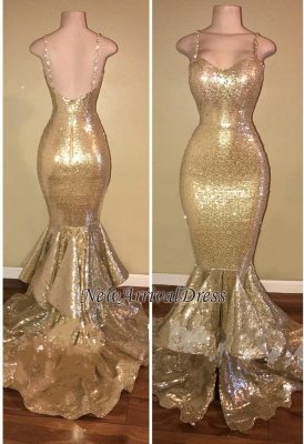 Gold Spaghetti Straps Layers-Train Sequins Mermaid Shiny Long Prom Dresses_1