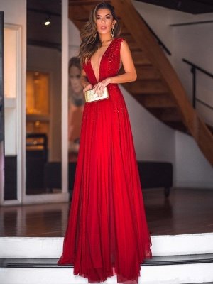 Sexy  Deep V-Neck Beading Evening Dresses | Sleeveless Chiffon Long Prom Dresses_1