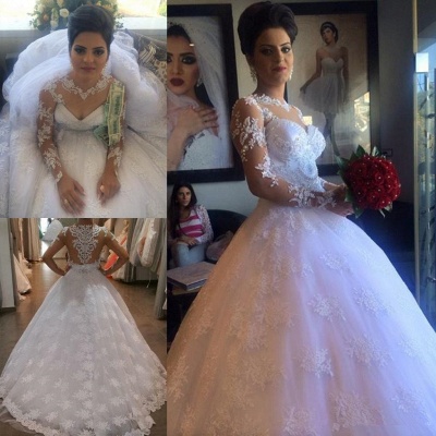 Vestidos de novia elegantes del vestido de bola de los apliques del cordón de la manga larga baratos con el tren de la corte_5