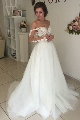 Sheer Long Sleeve Lace Wedding Dresses Open Back Tulle Ball Gown Bridal Dress_4
