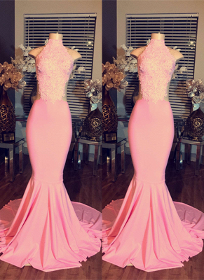 High Neck Lace Mermaid Sleeveless Pink Long Prom Dresses  BA4981_2