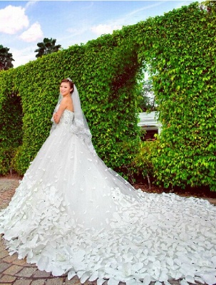 Magnifique Chérie Cristaux Cathédrale Train Fleurs Élégant Romantique Sans Manches Robe De Bal Robe De Mariée Pas Cher_5