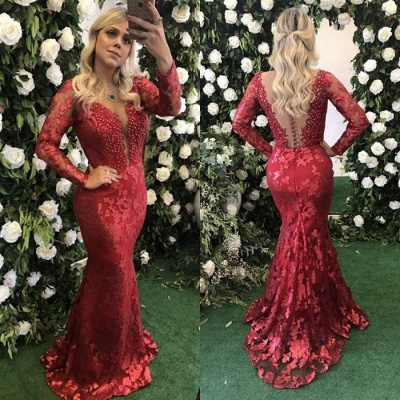 Robe de soirée sirène en dentelle rouge avec perles délicates | Robe de soirée à manches longues_4