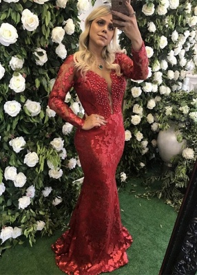 Robe de soirée sirène en dentelle rouge avec perles délicates | Robe de soirée à manches longues_1