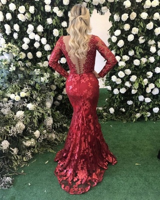 Delicate Beads Red Lace Mermaid Evening Dress | Long Sleeve Party Gown_3
