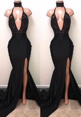 Black High Neck Lace Front Split Mermaid Prom Dresses  BA8440_1