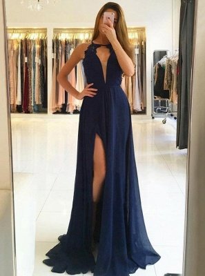 Newest Chiffon Lace A-line Sleeveless Prom Dress | Front Split Prom Dress_1