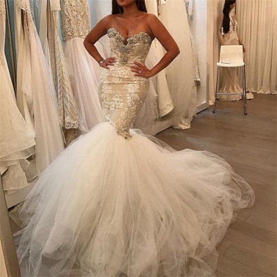 Vestidos de novia sexy de tul Glamorous sirena | Vestidos de novia de encaje de cristal de novia 2021_3