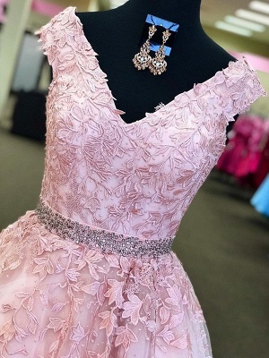 Elegant Pink Lace A-line Straps Sleeveless Floor-length Prom Dress_3