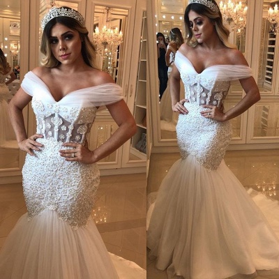 Modest Beads Sexy Off The Shoulder Wedding Dresses | Mermaid Online  Bridal Gowns_3