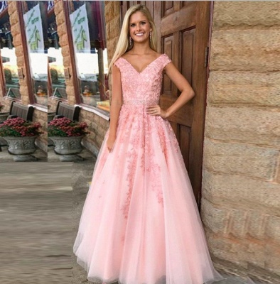 Robe de bal élégante en dentelle rose à bretelles trapèze sans manches au sol_5