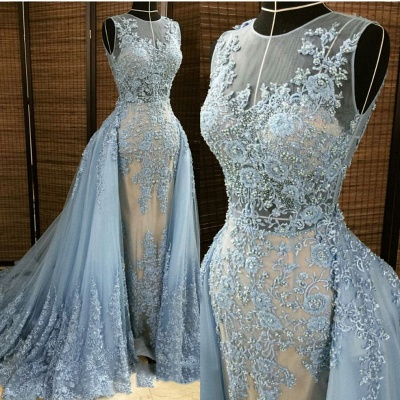 Modest Lace Appliques Blue Prom Dresses Long | Detachable Train Sleeveless Evening Dress_3
