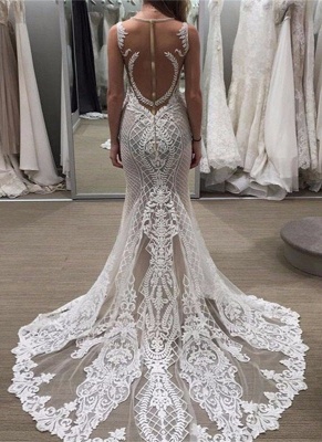 Lace Illusion Detachable Train Delicate Custom Made Sleeveless Wedding Dresses  Online_2