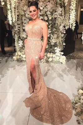 Champagne Gold Sequins Formal Dresses Long | Sexy Slit   Prom Dress Online_3