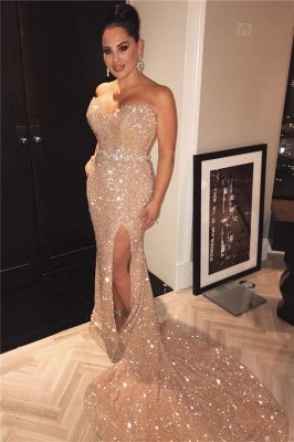 Champagne Gold Sequins Formal Dresses Long | Sexy Slit   Prom Dress Online_1